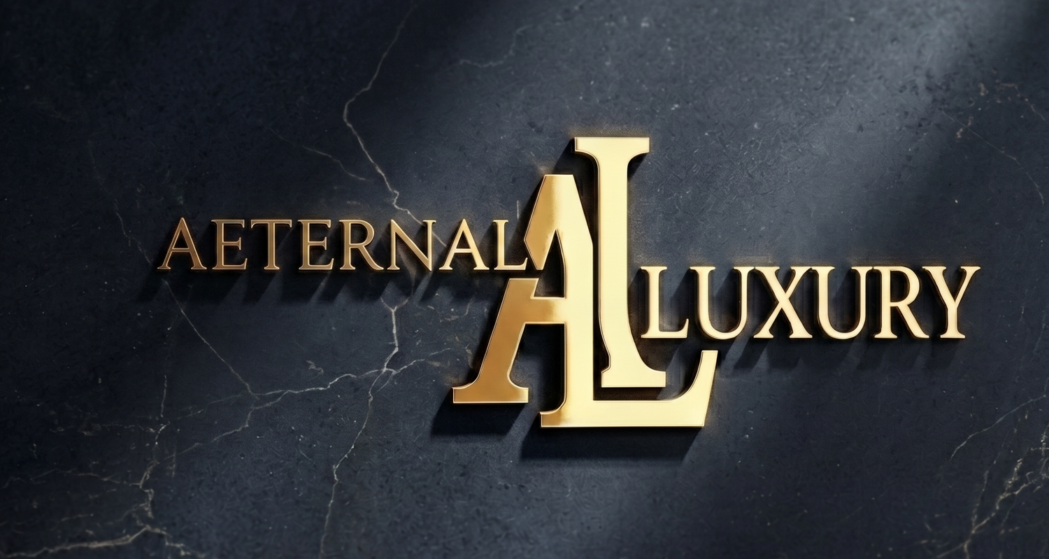 Gold 'Aeternal Luxury' logo on a dark textured background